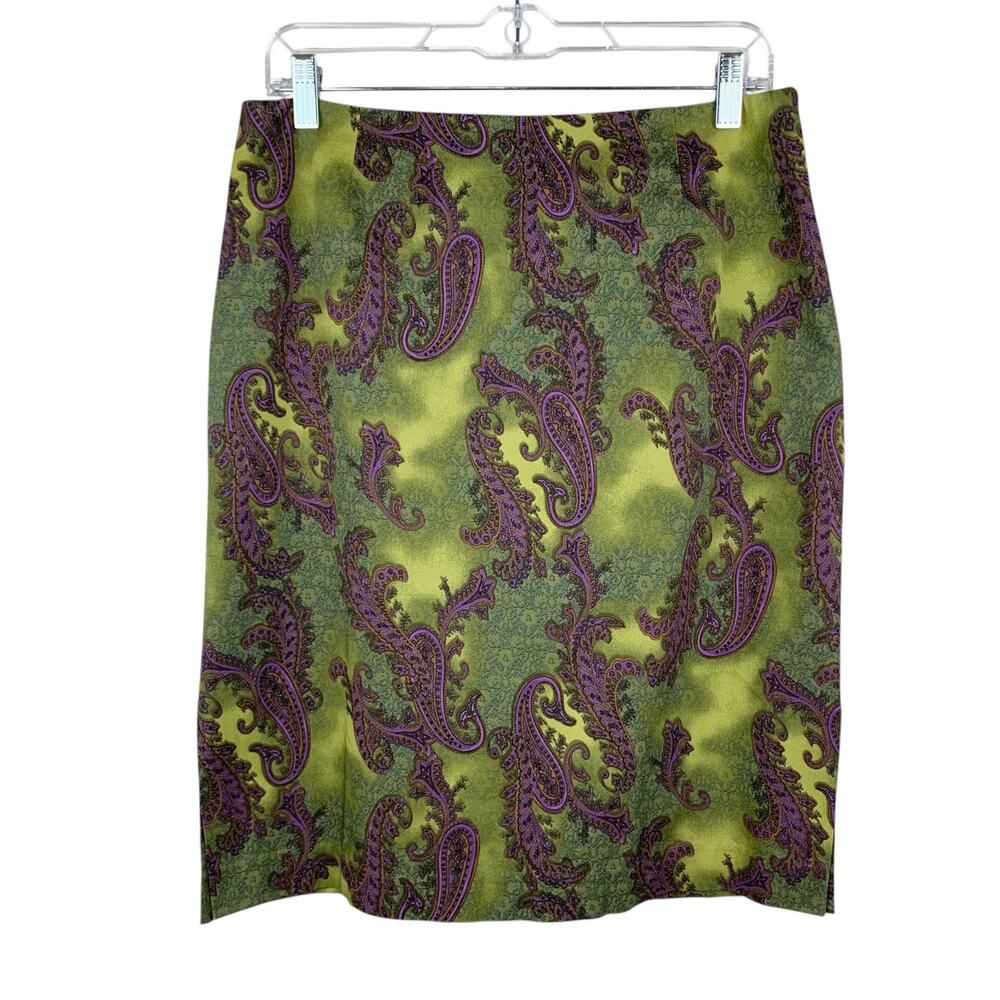 Andre Oliver Skirt Straight Green Purple Paisley Knee Length Women's 10